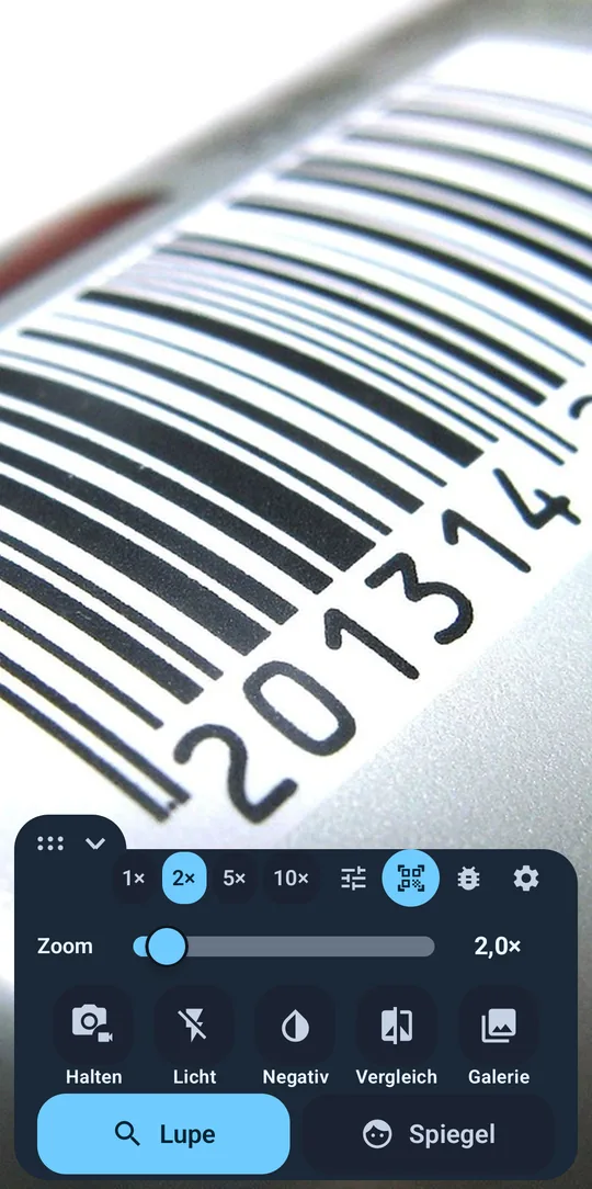 Die Lupe über einem Strichcode, oben im Bedienfeld das Scan-Symbol