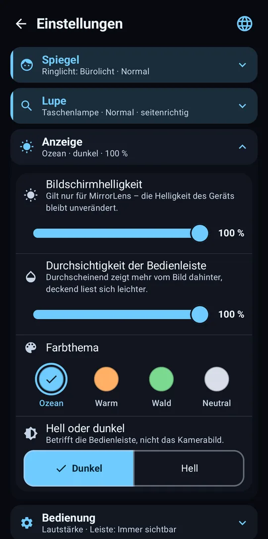 Anzeige-Einstellungen: Bildschirmhelligkeit, Bedienleiste, Farbthema, Hell oder Dunkel