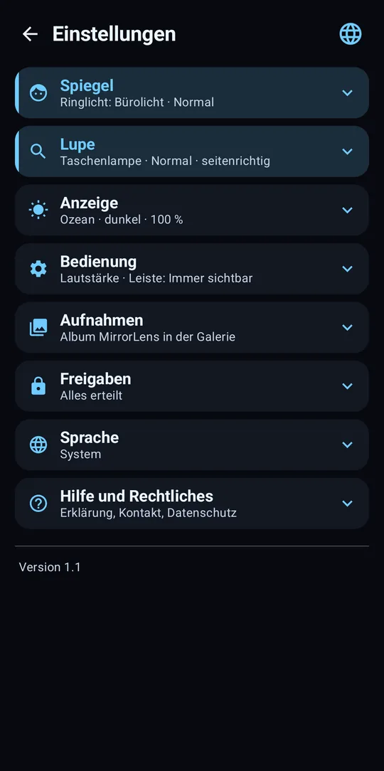 Einstellungen als aufklappbare Abschnitte