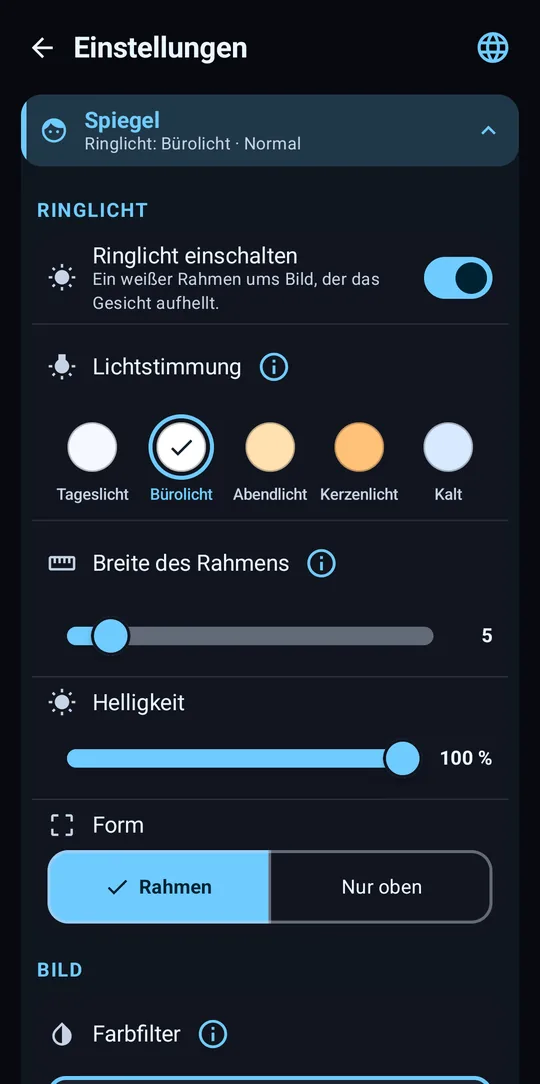 Einstellungen für das Ringlicht: Lichtstimmung, Breite, Helligkeit, Form