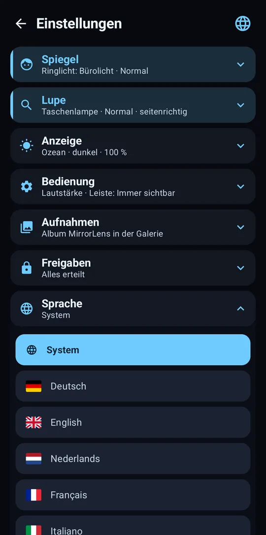 Sprachauswahl mit Flaggen: System, Deutsch, English, Nederlands, Français, Italiano