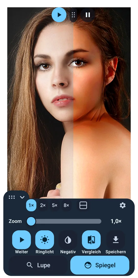 Vergleichsansicht: oben das Standbild, unten das Livebild