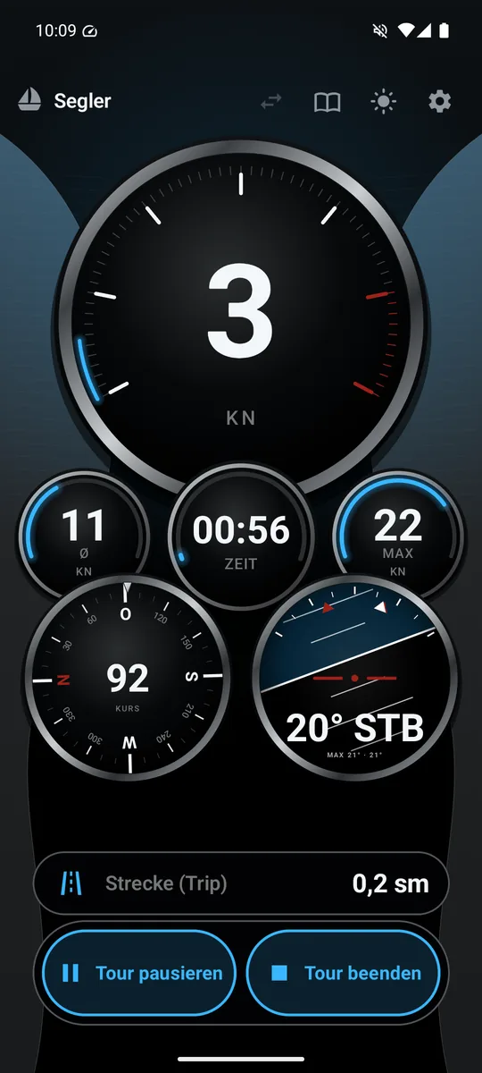 SpeedCompass auf dem Segelboot mit Knoten und Seemeilen