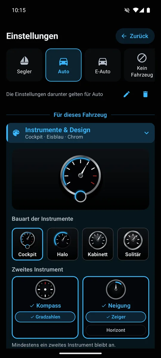 Einstellungen „Instrumente & Design“ mit Live-Vorschau und vier Bauarten
