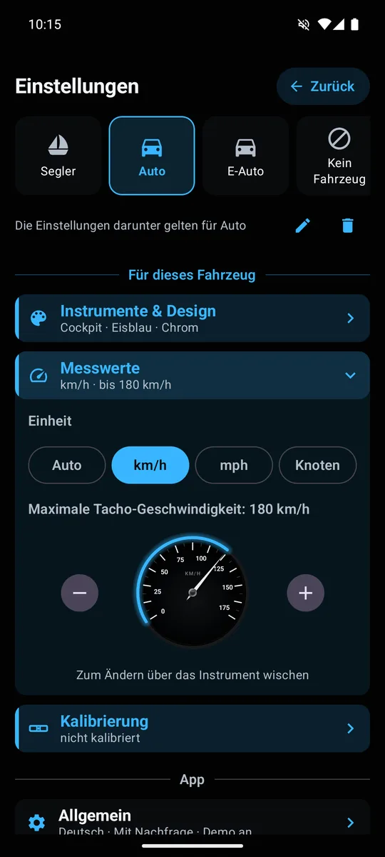 Einstellungen „Messwerte“ mit Einheitenwahl und Live-Tacho für die Skala
