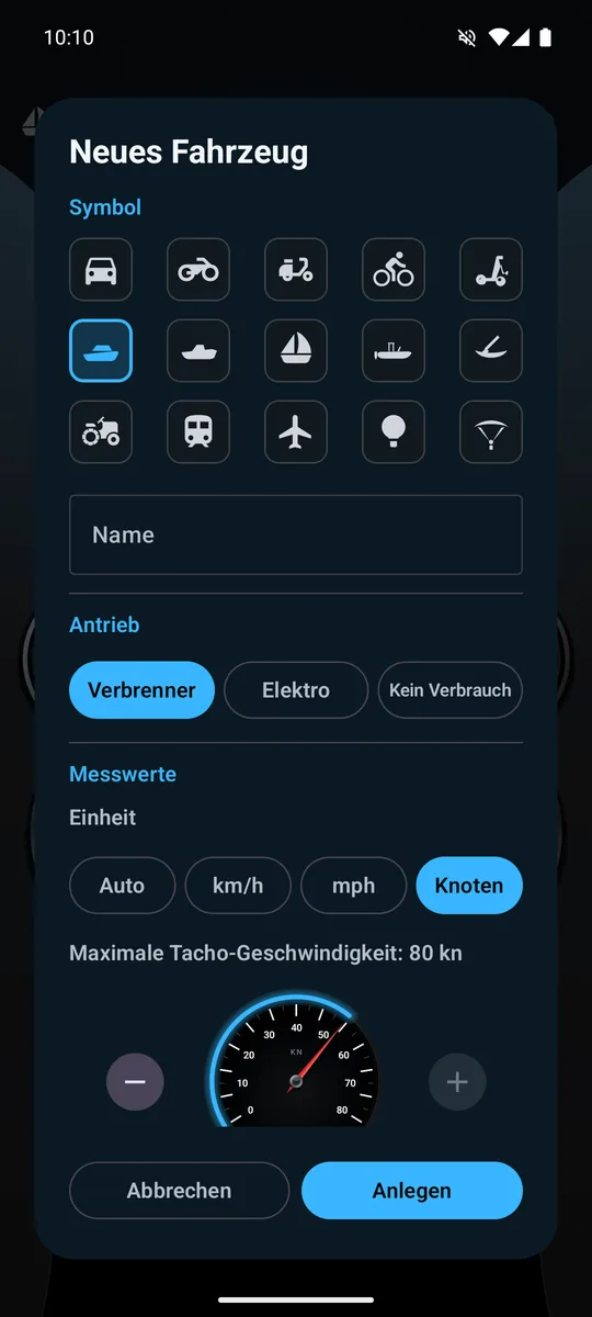 Dialog „Neues Fahrzeug“ mit Symbolauswahl, Antriebsart und Live-Tacho