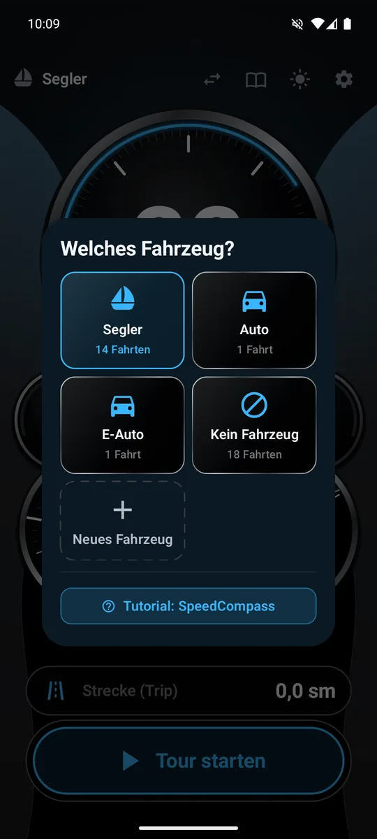 Abfrage „Welches Fahrzeug?“ mit Kacheln und Fahrtenzahl