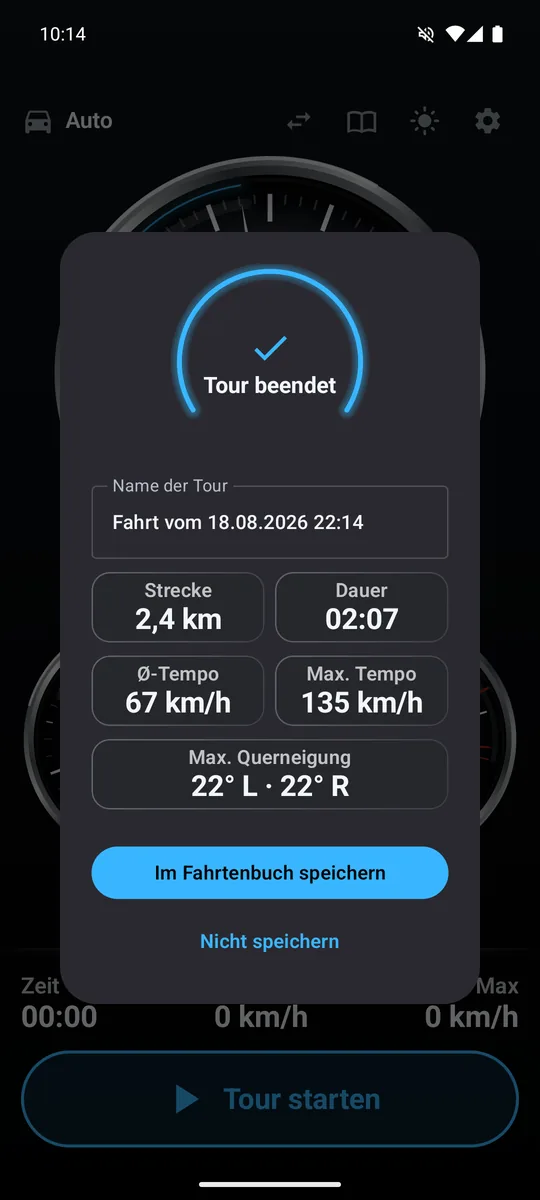 Zusammenfassung „Tour beendet“ mit Strecke, Dauer, Ø und Max